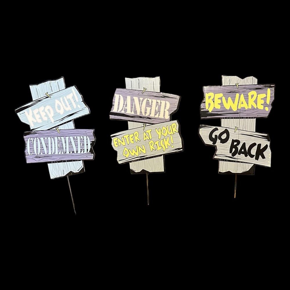 (3) 1990's Halloween Yard Sign Decoration Beware Danger Keep‎ Out Amscan Vintage